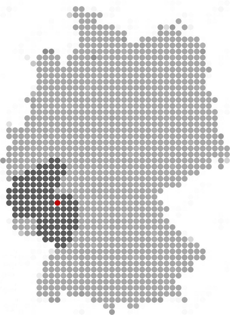 Deutschlandkarte mit hervorgehobenem Rheinland-Pfalz und Standort Bad Kreuznach in Punkteoptik